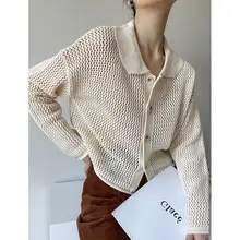 透かし編みデザインの春用ニットカーディガン【ゆったりシルエット・薄手】