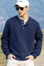 海行 メンズ ホワイトボディ 綿100% ロングスリーブ ヘンリーネック Tシャツ【春夏用・アメリカンレトロ・ルーズフィット】
