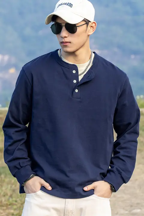 海行 メンズ ホワイトボディ 綿100% ロングスリーブ ヘンリーネック Tシャツ【春夏用・アメリカンレトロ・ルーズフィット】
