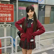 学院風レッドニットカーディガンとハイウエストAラインスカート【JKスタイル・ニットセットアップ対応】