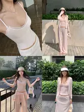 リボン付きトップスとレース縁パンツのカジュアルコーディネート（セットアップ対応）