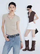 シンプルなデザインのハイネック女性用短袖Tシャツ【極上の柔らかさ・夏用・重ね着対応】