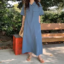 カジュアルなデザインのポケット付き半袖シャツワンピース【春夏用・ゆったりシルエット】