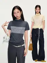 提花ウール混紡ニットトップス【クルーネック・薄手・短袖】