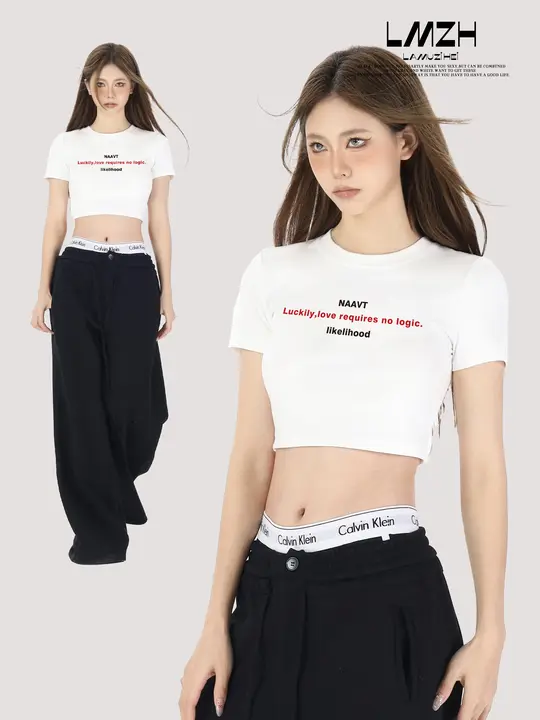 女性用 アメリカンスタイル ショートスリーブTシャツ【白・フィット・クロップドデザイン】