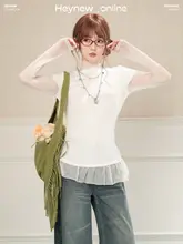 甘美なメッシュ切替のハイネックTシャツ【春用・レイヤードスタイル・女性用】