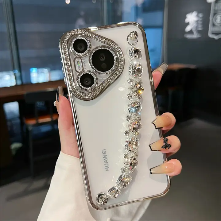 Huawei Pura 70 Pro+対応 クリスタルレンズフィルム付き 鏡面デザインの透明シリコンソフトケース【フルカバー・ショルダーストラップ付き】