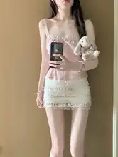 女性用 ピンクのキャミソールとレーススカート【セクシー・夏用・包臀デザイン】（セットアップ対応）