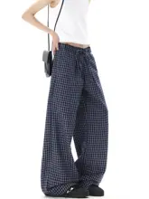 アメリカンビンテージ風 チェック柄 カジュアルパンツ【夏用・薄手・ゆったりワイドレッグ・ストレート】