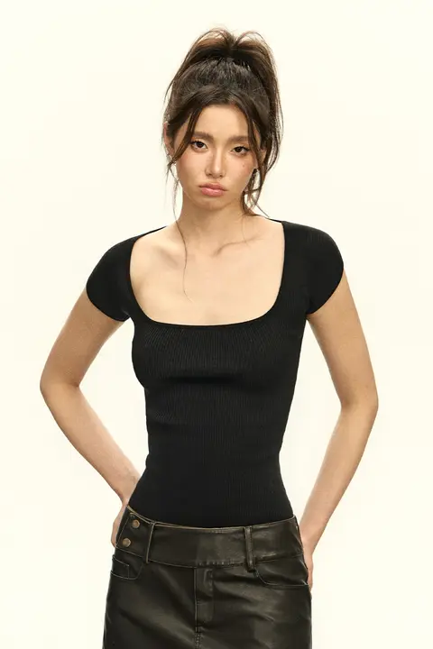 アメリカンヴィンテージ風ニット短袖Tシャツ【体型を美しく見せる・女性用】