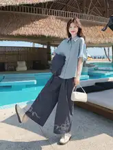 文芸的なデザインの夏用三点セット【格子柄・ジレ・半袖シャツ・ワイドパンツ】（セットアップ対応）