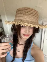 フリンジ付きストローハット【日焼け止め・夏用・平頂デザイン】
