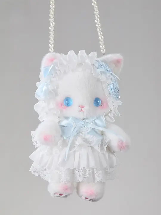 猫のぬいぐるみバッグ【青・手作り・ロリータスタイル・リボン付き・肩掛け・斜め掛け対応】