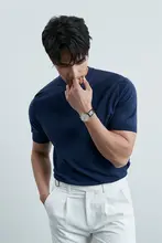 夏用 紳士向け 高級感のあるコットンビジネスカジュアル 半袖Tシャツ【黒・クルーネック・コットンニット】