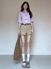 夏用カジュアルカーキデニムショートパンツ【ゆったりしたデザイン・大人っぽい雰囲気】（セットア  ップ対応）