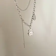 チタン製ダブルレイヤー小熊ペンダントネックレス【ヒップホップスタイル・女性用・ロックチェーンデザイン】