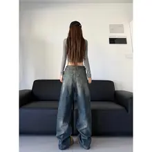 W3 ヴィンテージ風ウォッシュ加工デニムパンツ【ゆったりストレート・アンクル丈・継ぎ目デザイン】