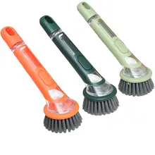 長柄プッシュ式液体供給鍋洗浄ブラシ【キッチン用・非傷害性・ソフト毛・ハンドル付き】