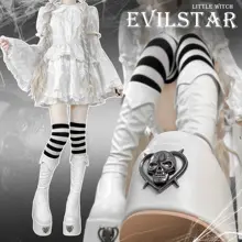 黒白のエラスティックフィットパンクゴシックデザインブーツ【厚底・スカルプリント・小腿用】