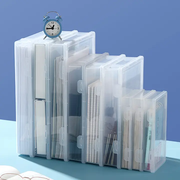 A4書類収納ボックス【透明・カラーステッカー付き・薄型プラスチック・A5試験用文房具・オフィスデスク用】