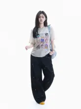 鬼馬カートゥーンプリントTシャツ【彩線肌理デザイン・ルーズフィット・カップル用】