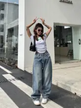 ヴィンテージ風 レディースワイドレッグデニムパンツ【ゆったりタイプ・ブルー・ロング丈】