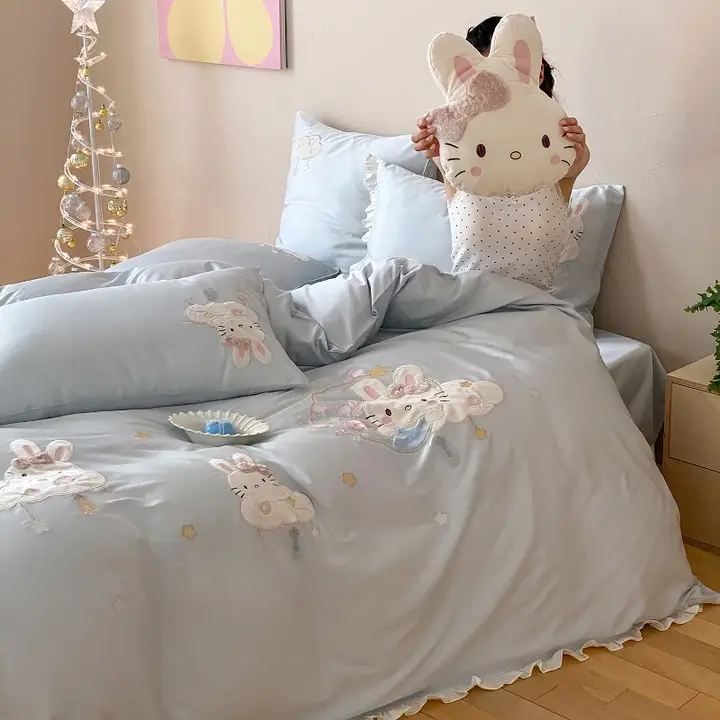 春夏用 ブルーの子供用布団カバーセット【うさぎキャラクター・プリンセスデザイン・四点セット】（セットアップ対応）