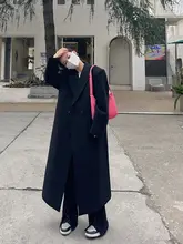 黒いワイドショルダーウールコート【膝丈・厚手・ゆったり】