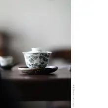 清物堂 手描き粉彩寿石墨竹蓋碗【ダブルリングシルバートリム・140cc・茶器】