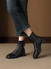 黒いレザー女性用ブーツ【加毛・保温・ショートブーツ・スクエアトゥ・太ヒール】