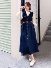 カジュアルレトロデザイン デニムビスチェワンピース【長袖シャツ付き・春秋向け】（セットアップ対応）