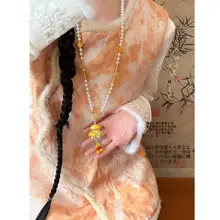 宋锦製の葫芦デザインパールネックレス【新中式・長めのニットチェーン・旗袍アクセサリー】