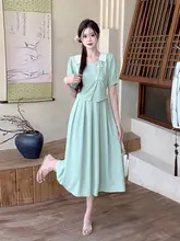 大きいサイズの夏用日常着 新中式デザイン Aラインドレス【軽やかな国風・パフスリーブ・擬似2点セット対応】