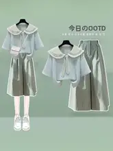 夏季学院風セットアップ 【ネイビー襟・半袖・七分パンツ・スカート】（セットアップ対応）