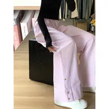 春夏用ピンクストライプパンツ【デザイン性あり・ゆったりシルエット・スト レートレッグ】（セットアップ対応）