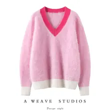 女性用 厚手Vネック山羊絨ニット【ピンク・ロング丈・極上の柔らかさ】