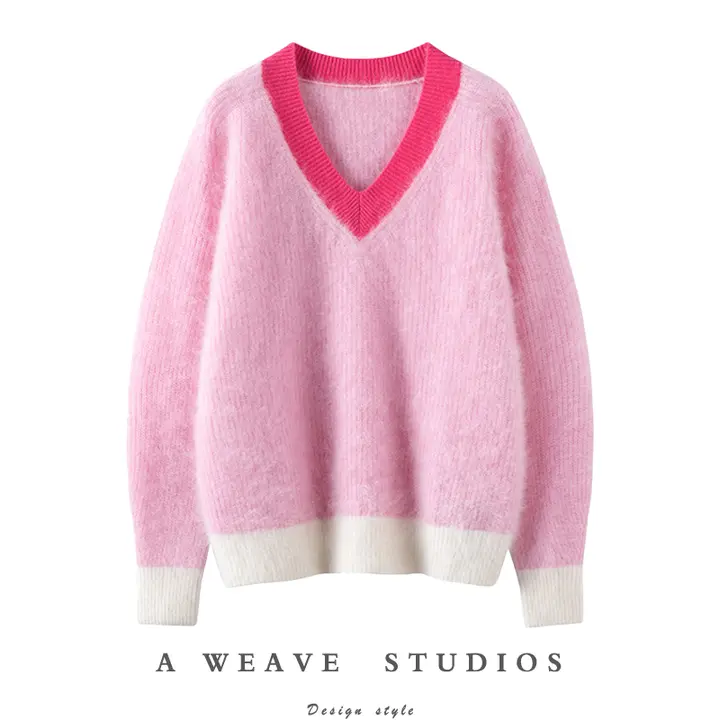 女性用 厚手Vネック山羊絨ニット【ピンク・ロング丈・極上の柔らかさ】
