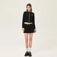 刺繍入りハイウエストAラインスカート【スリムフィット・秋春用】