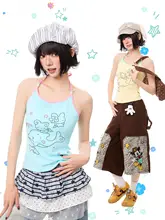 ビーチスタイルのキャミソール【セクシーなデザイン・背中開き・ドリンキーとウサギのプリント】