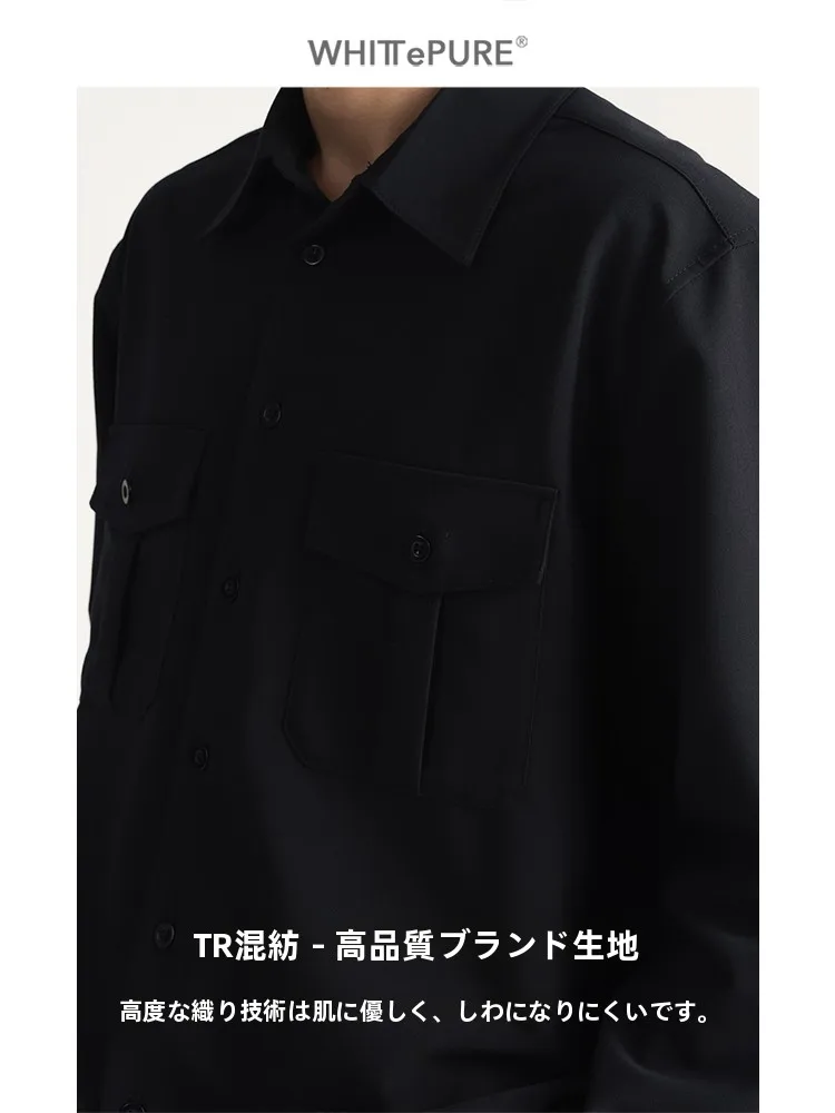長袖シャツ 男性 秋 高密度織り混紡 立体プリーツポケット装飾：ビジネスカジュアルシーンでの実用性と着こなしのバランス