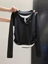 おしゃれなカラーコンビネーションの長袖Tシャツ【ウエストシェイプ・ドレープデザイン・レディース】（セットアップ対応）