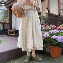 レースの花柄ミディスカート【ウエストゴム・コットン製・刺繍デザイン・ヴィンテージスタイル】