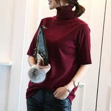 クラシックハイネックニットトップス【五分袖・ゆったり・レディース・無地・大きいサイズ】