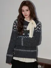 セーター レディース 長袖 丸襟 フェアアイル柄 ルーズ ゆったり 秋冬 ダークグレー