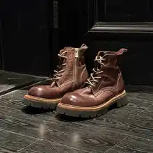 水洗馬皮製の厚底マーチンブーツ【レディース・クラシックデザイン・バイカーブーツ】