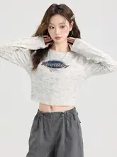 美式レトロ グレー 長袖Tシャツ【秋用・タイトフィット・ショート丈】