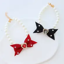 ペット用パールネックレス【猫・犬用・レトロスタイル・リボン飾り・ハート型ストーン付き】