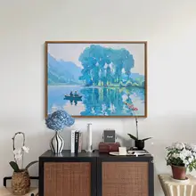 手描きのアート！新中式デザインの釣り風景油絵【玄関やリビングの装飾に最適】