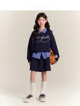 秋用 ハイウエスト子供用 Aラインスカート【ネイビーブルー・学院風】