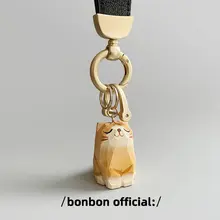 手作り木彫りオレンジ猫のカーキーリング【高級感あるレザー紐・カップル向けギフト】